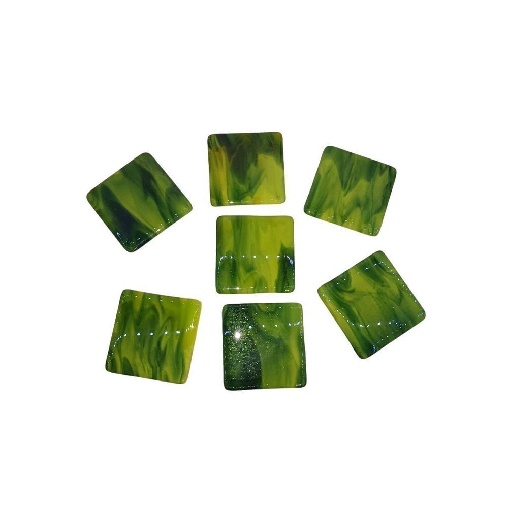 Fused Art Glass Square Green Abstract Swirl Coasters Set Of 7​